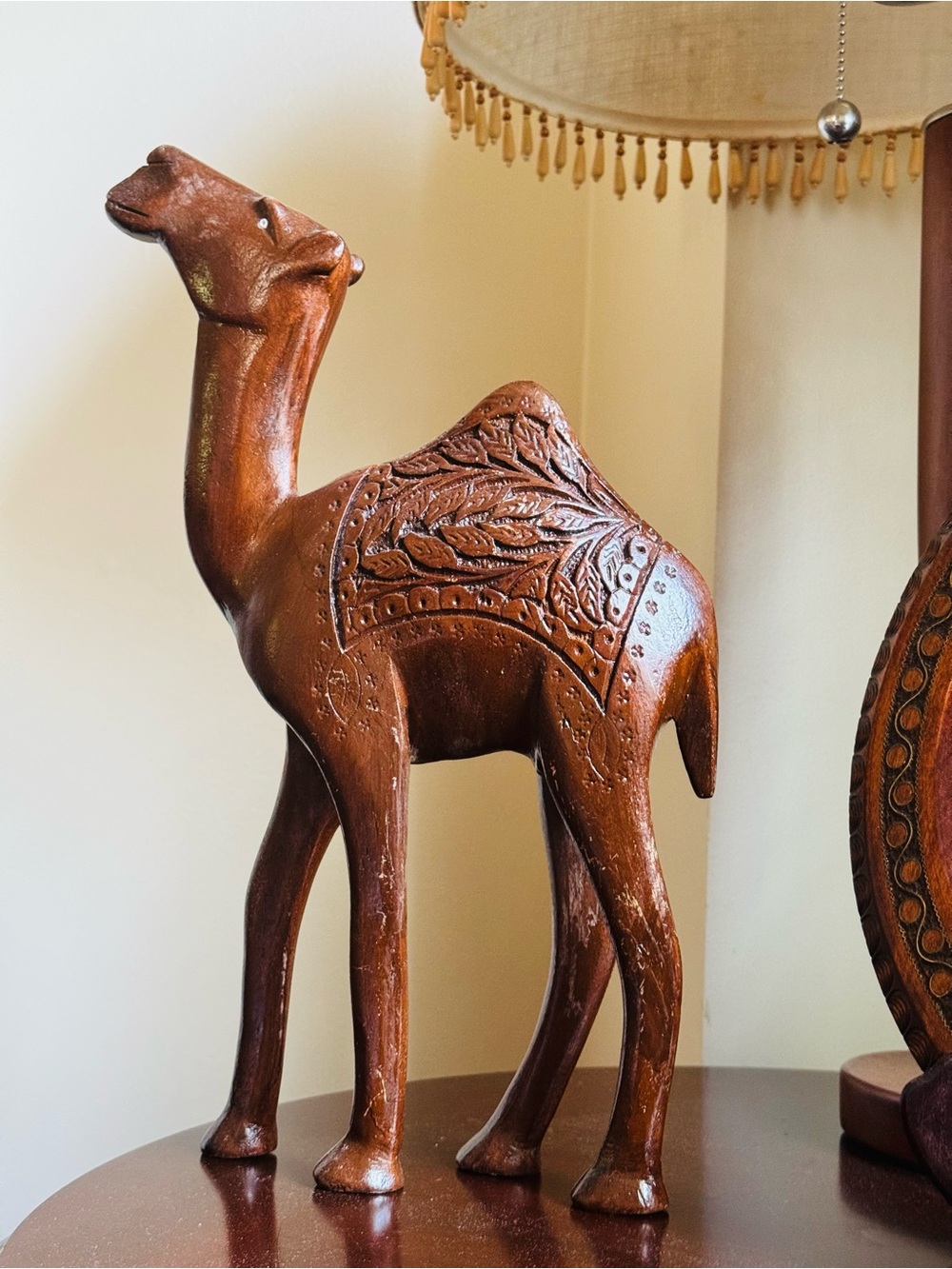 15” Tall Hand-Carved Camel Figurine Wooden Home Art – Brown Decorative Statue